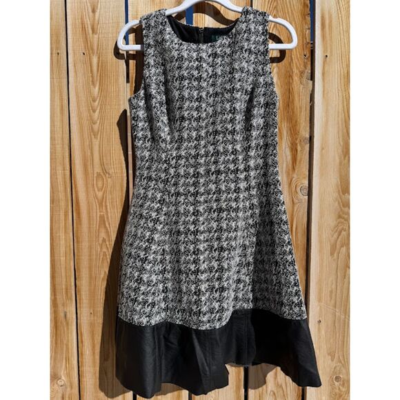 L Ralph Lauren Women's A-line Houndstooth Faux Leather Black White Mini Dress 6P - Picture 1 of 5